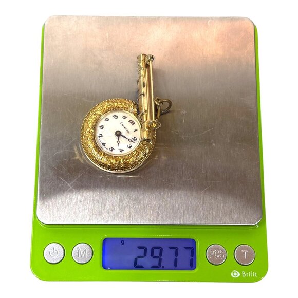 Vintage Lucerne Brooch Watch Swiss Made Gold Tone Etched Face Rhinestones Blue - Picture 6 of 6